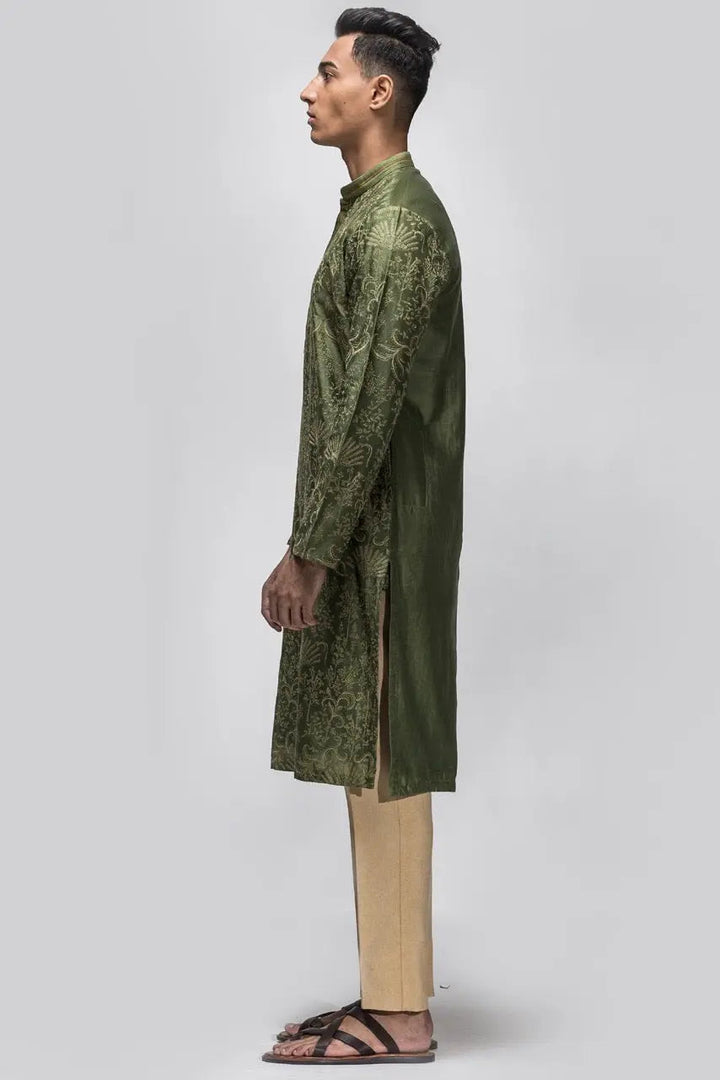 Mehendi Green Floral Embroidery Kurta - Asuka Couture