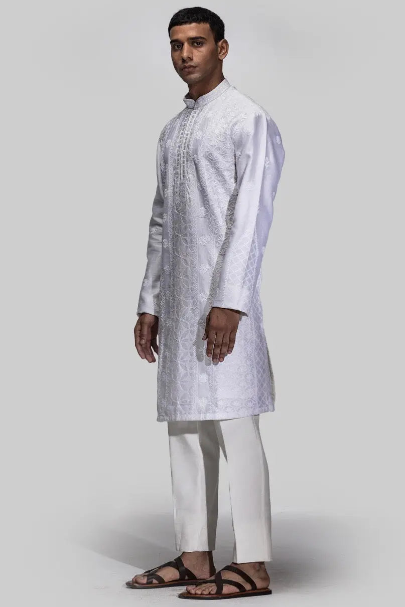 Ivory Chikankari Kurta With Booti Jaal Work - Asuka Couture