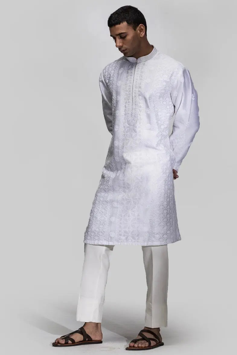 Ivory Chikankari Kurta With Booti Jaal Work - Asuka Couture