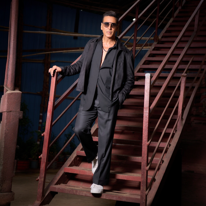 Akshay Kumar in Black Suede Biker Jacket with Stretch Shirt and Trousers