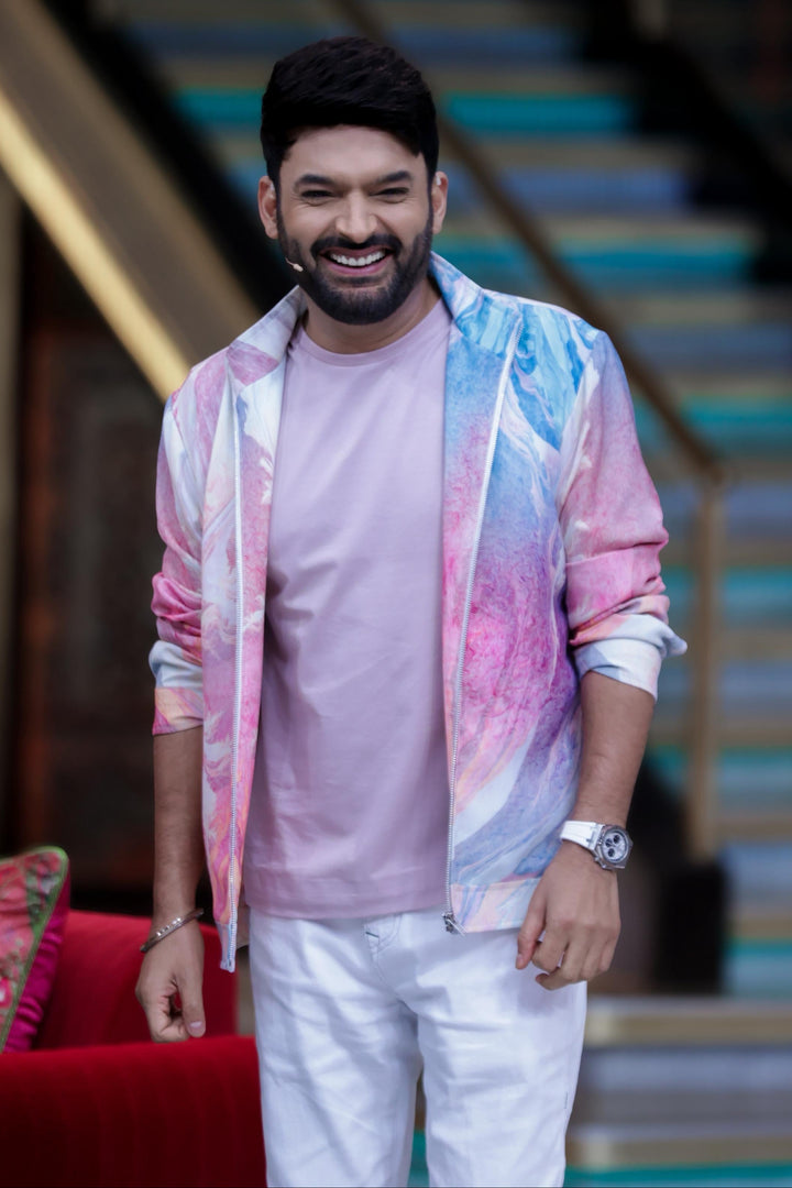 Kapil Sharma in Pastel Tide Printed Bomber Jacket