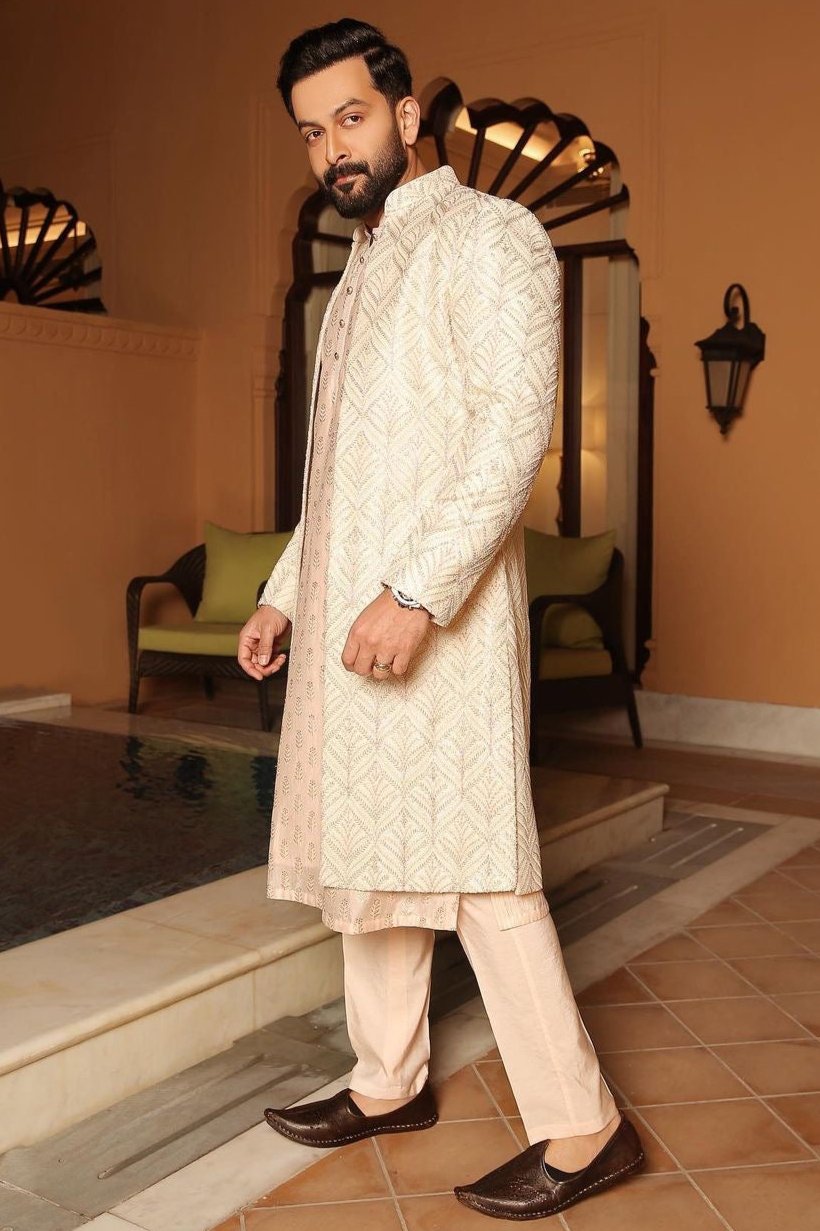 Prithviraj Sukumaran in Elation Beige Zari Embroidered Sherwani