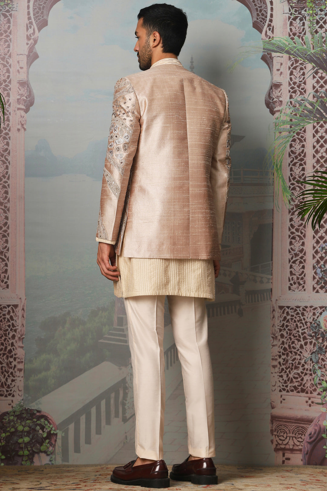 Nawabi Gold Open Embroidered Indowestern Set