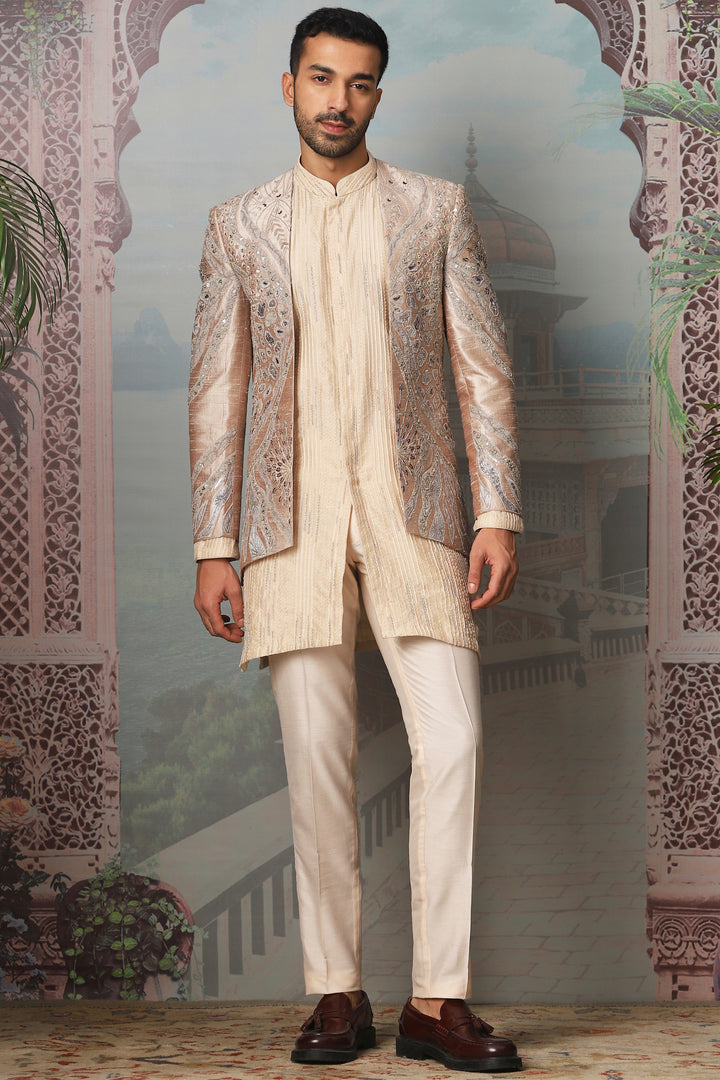 Nawabi Gold Open Embroidered Indowestern Set