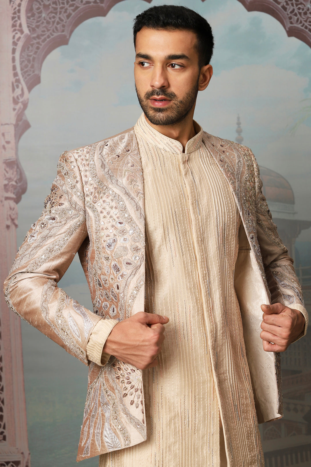 Nawabi Gold Open Embroidered Indowestern Set