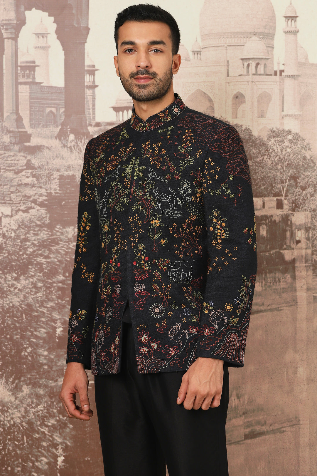 Azalea Black Linen Embroidered Bandhgala Set