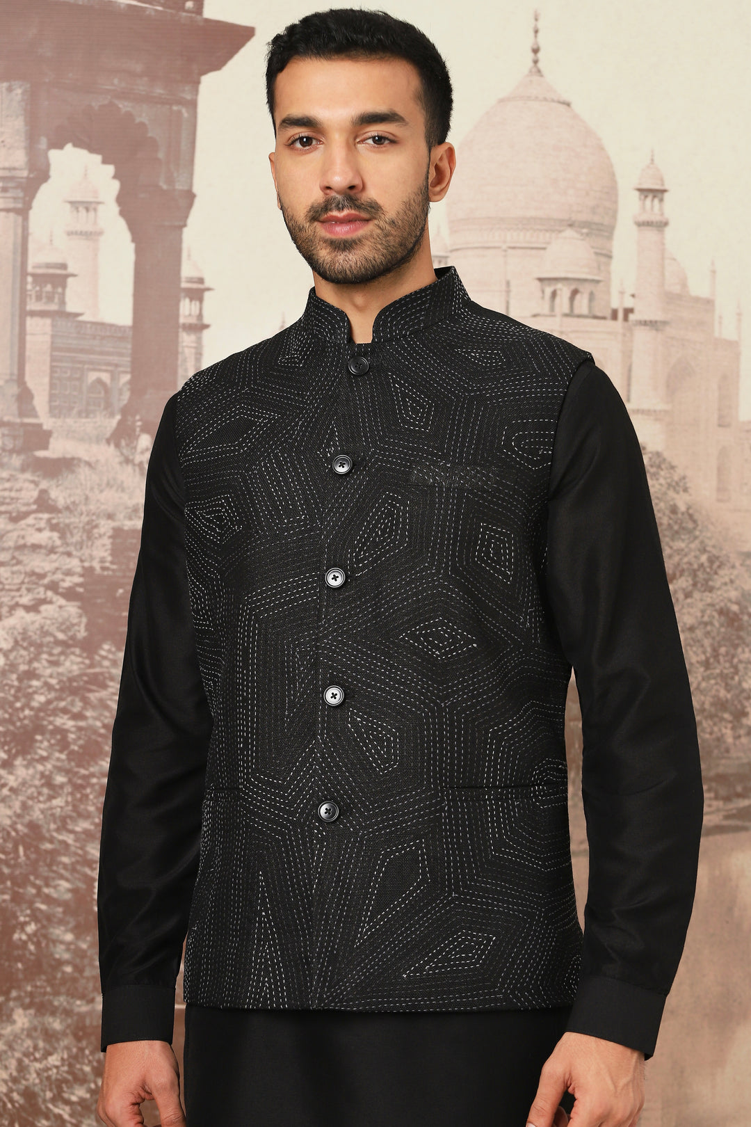 Black Linen Kantha Embroidered Kurta Bundi Set