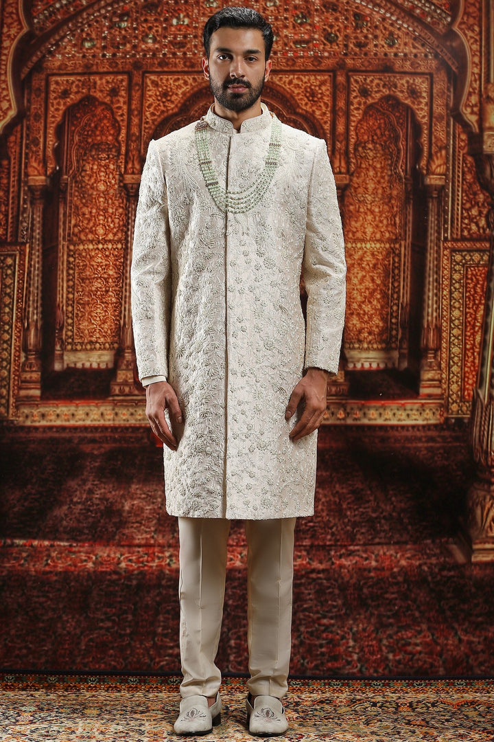 Cream Florentine Raw Silk Embroidered Sherwani