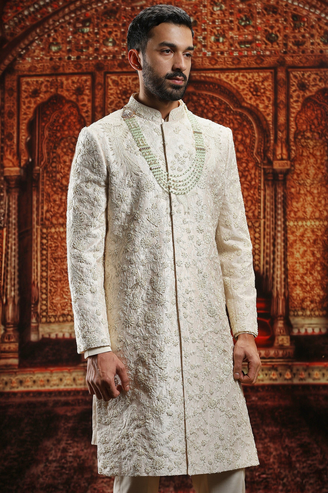 Cream Florentine Raw Silk Embroidered Sherwani