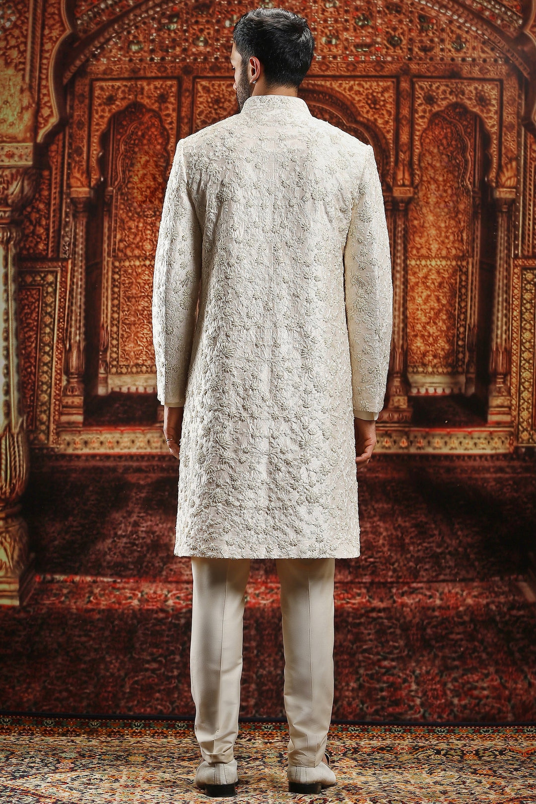 Cream Florentine Raw Silk Embroidered Sherwani