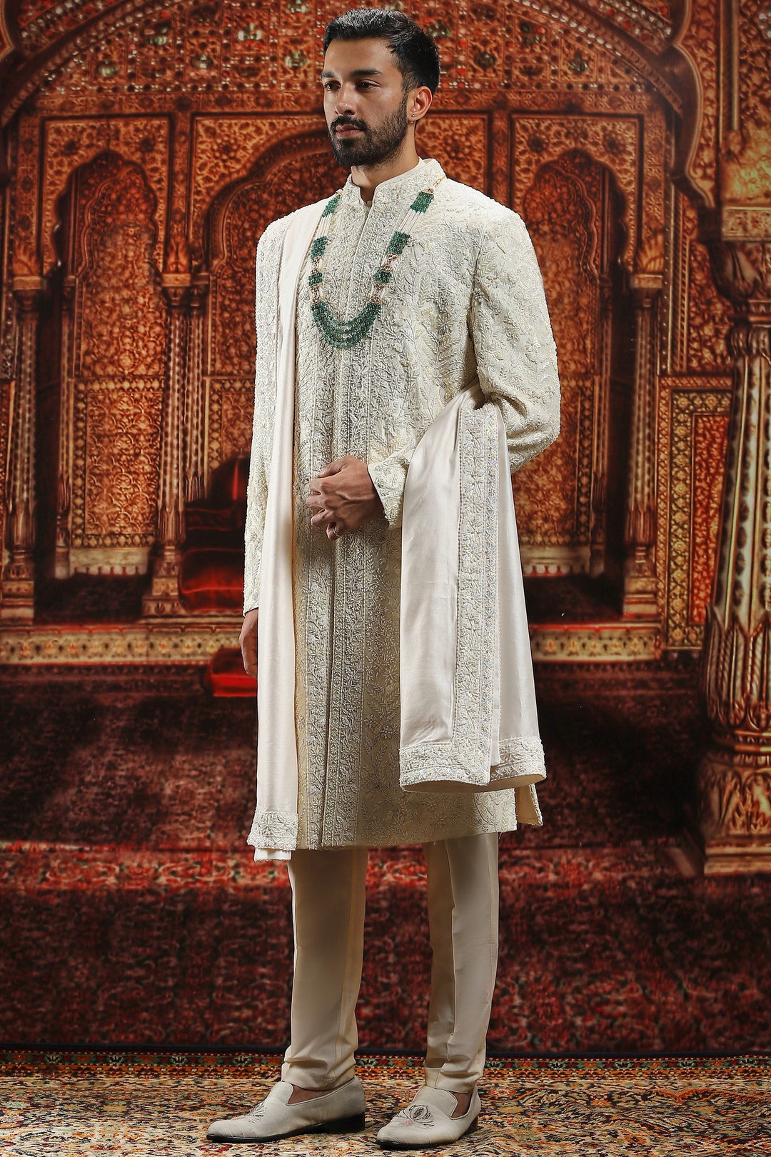 Off-White French Knot Embroidered Sherwani Set