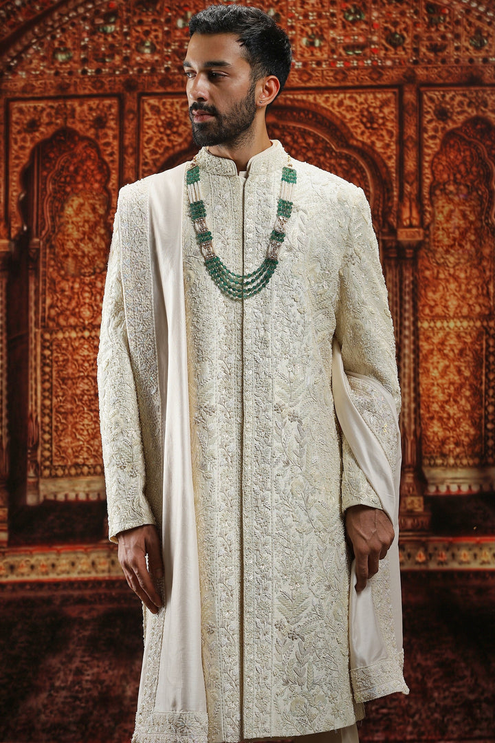 Off-White French Knot Embroidered Sherwani Set