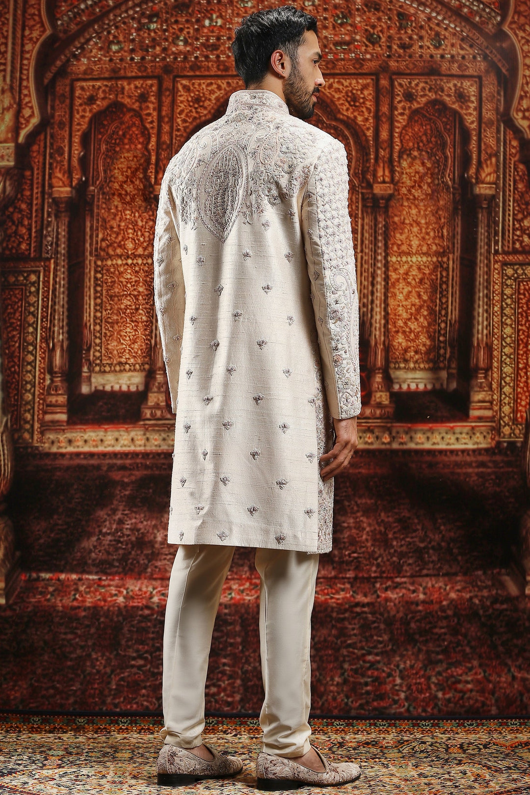 Beige Floral Embroidered Raw Silk Sherwani Set