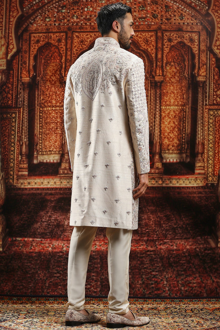Beige Floral Embroidered Raw Silk Sherwani Set