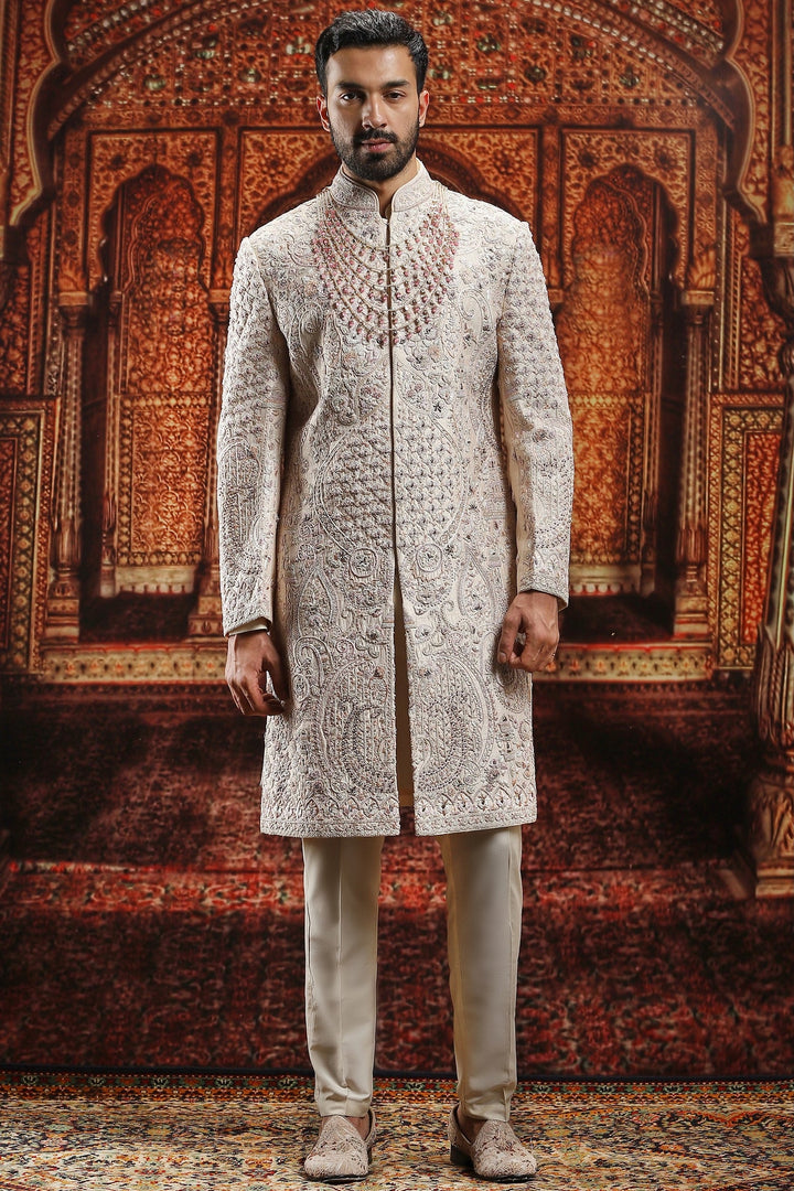 Beige Floral Embroidered Raw Silk Sherwani Set