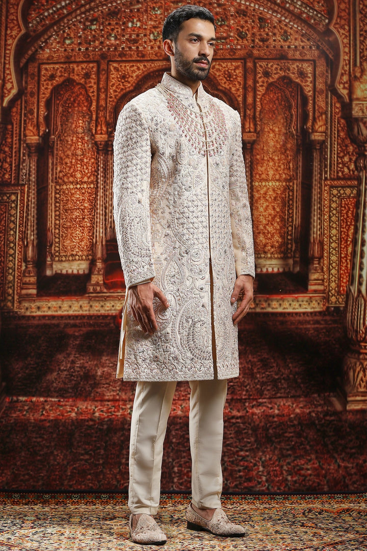 Beige Floral Embroidered Raw Silk Sherwani Set