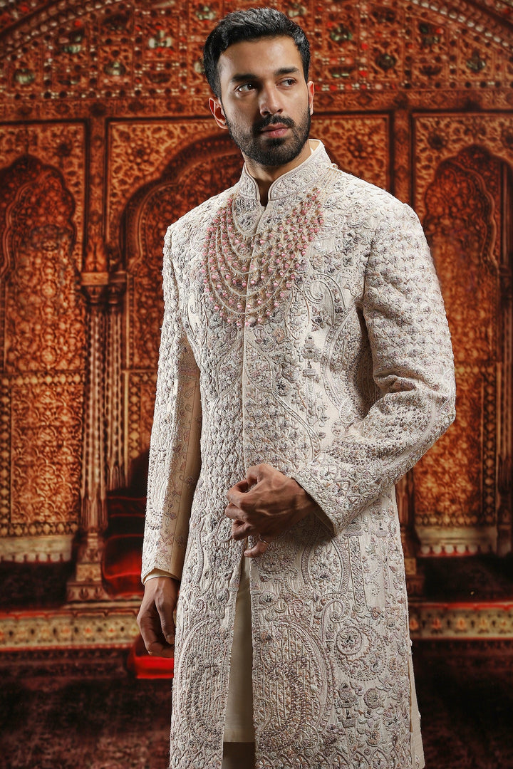 Beige Floral Embroidered Raw Silk Sherwani Set