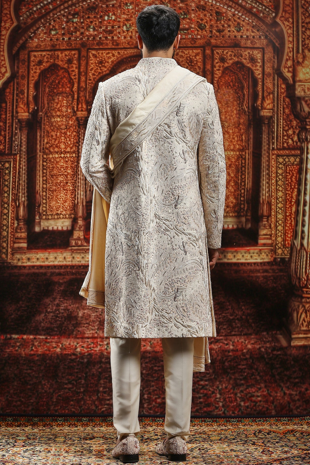 Beige Raw Silk Moti Embroidered Sherwani Set