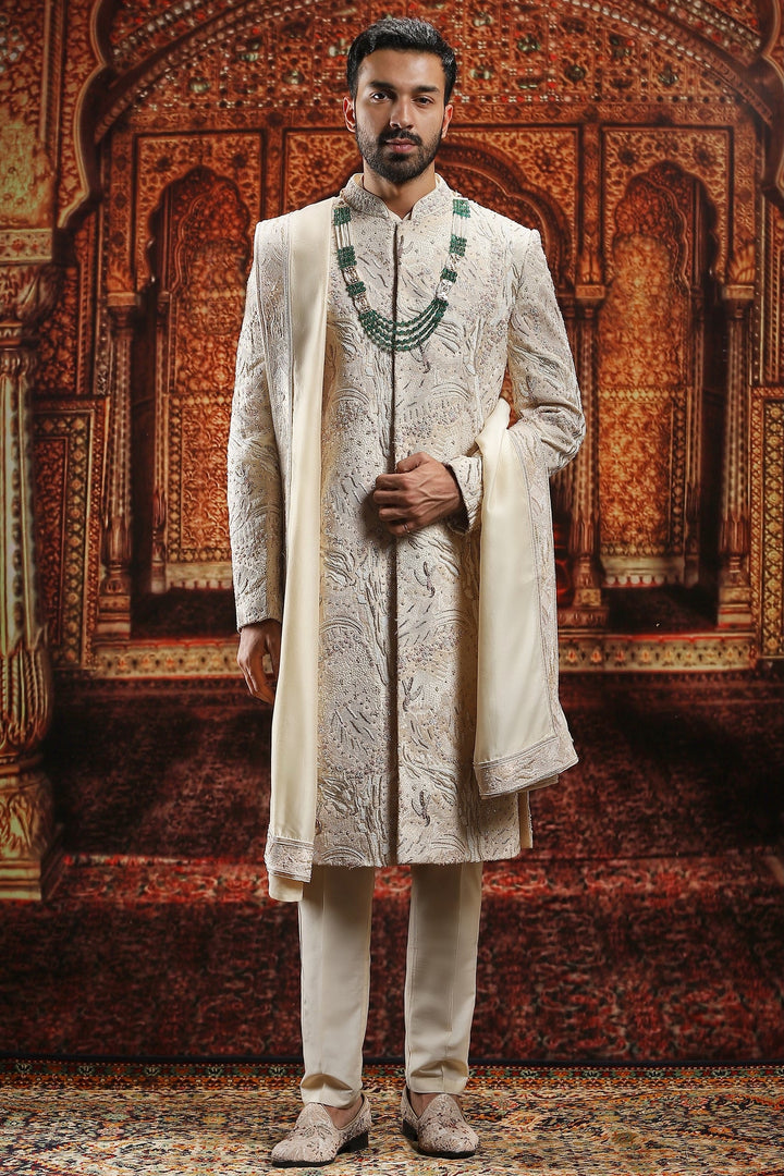 Beige Raw Silk Moti Embroidered Sherwani Set