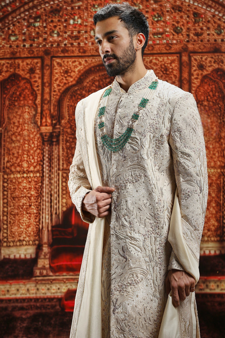 Beige Raw Silk Moti Embroidered Sherwani Set