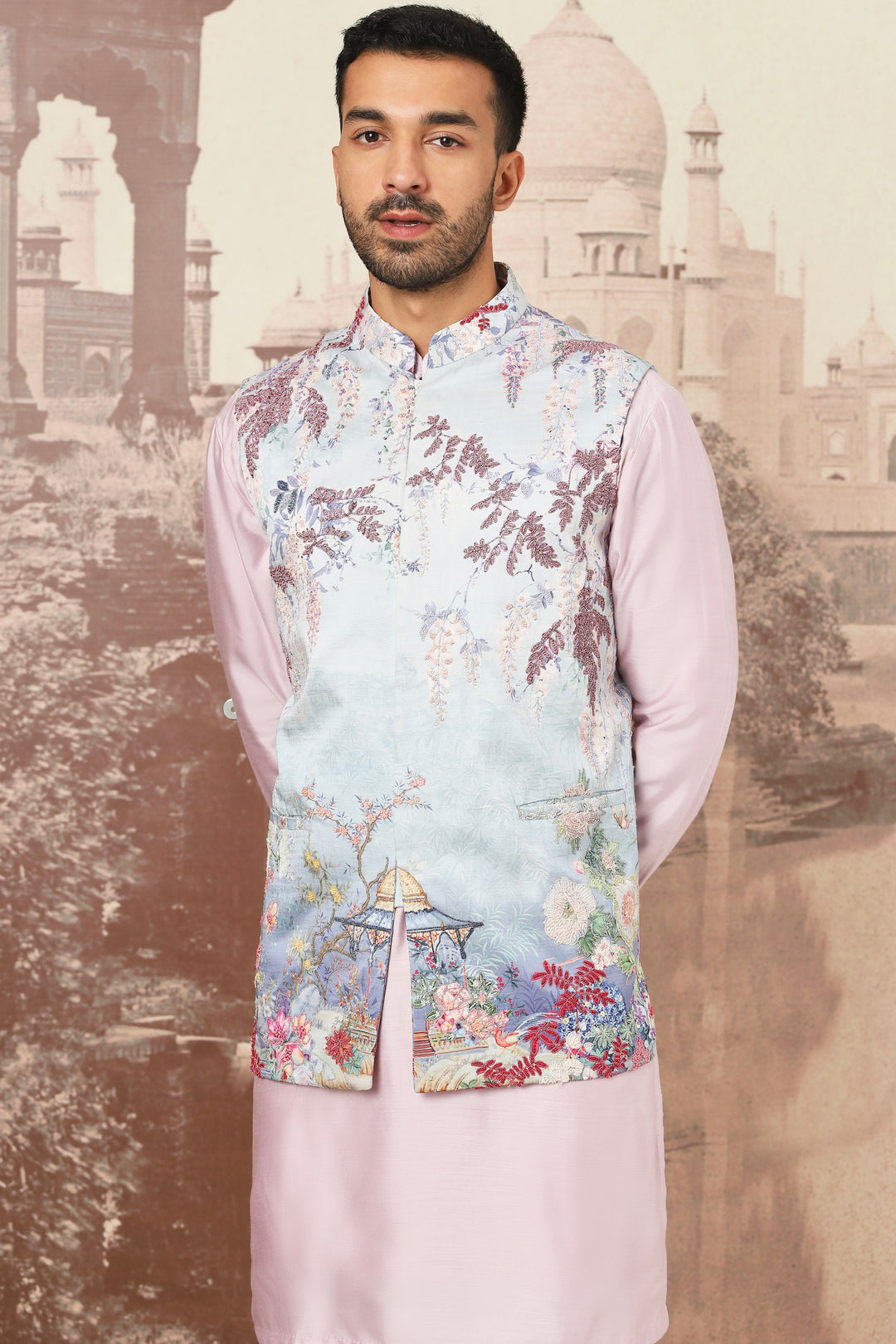 Floral Meadow Embroidered Kurta Bundi Set