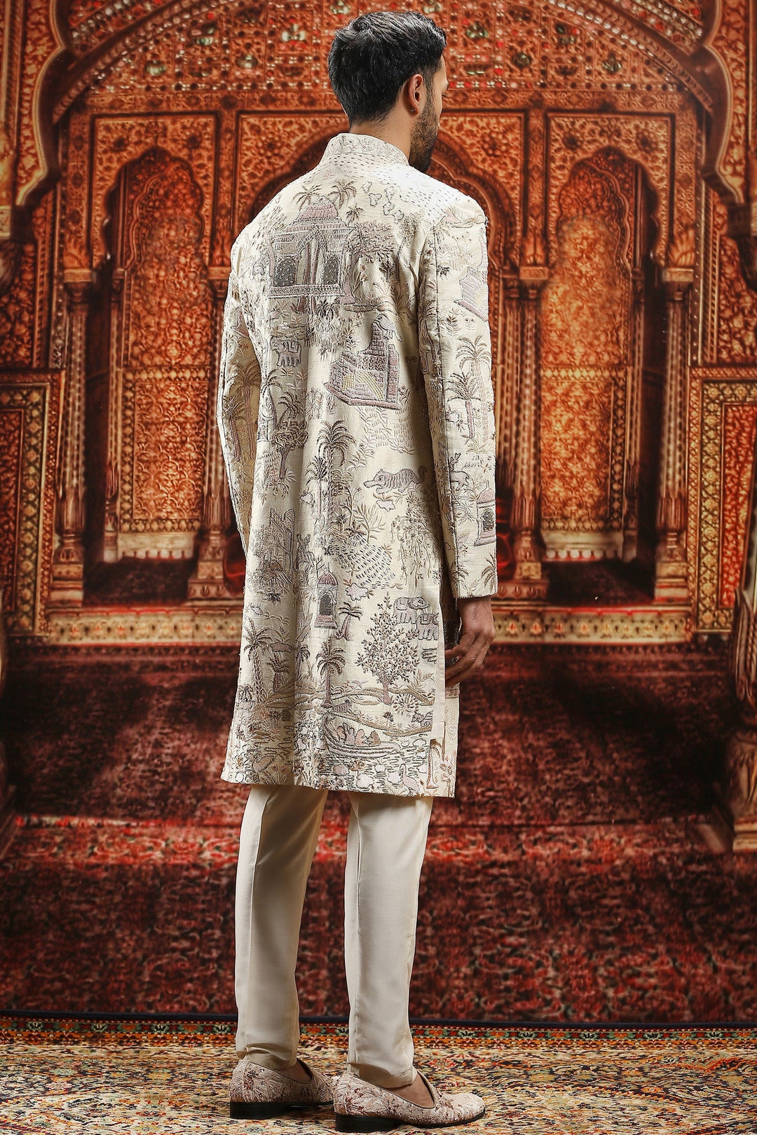 Cream Raw Silk Dabka Embroidered Sherwani Set
