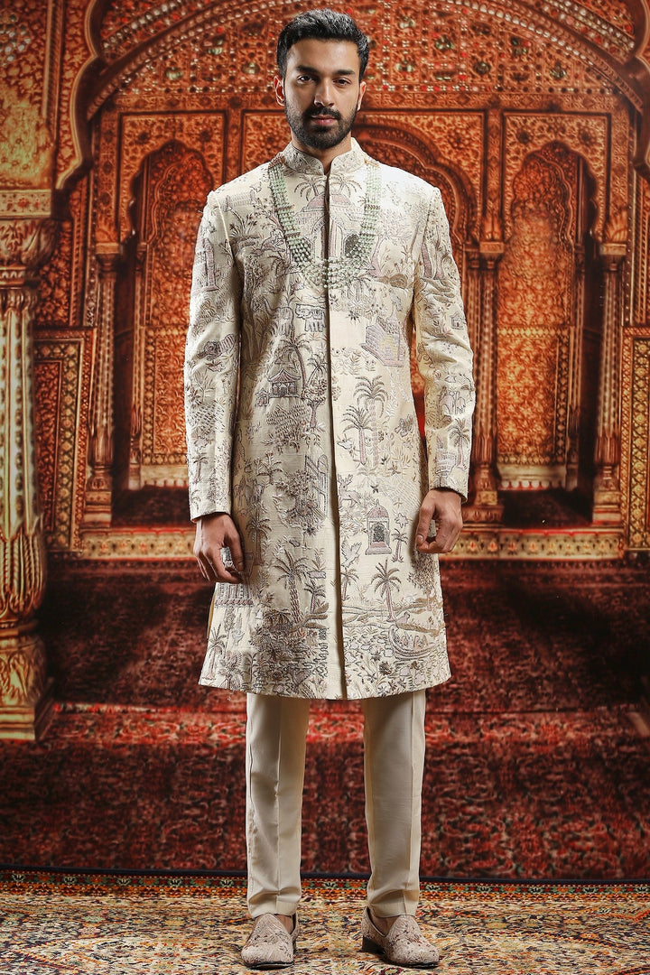 Cream Raw Silk Dabka Embroidered Sherwani Set