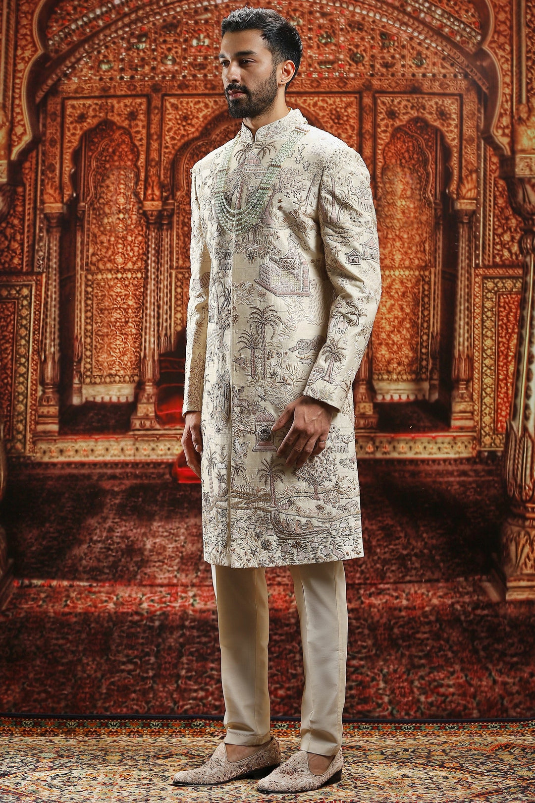 Cream Raw Silk Dabka Embroidered Sherwani Set