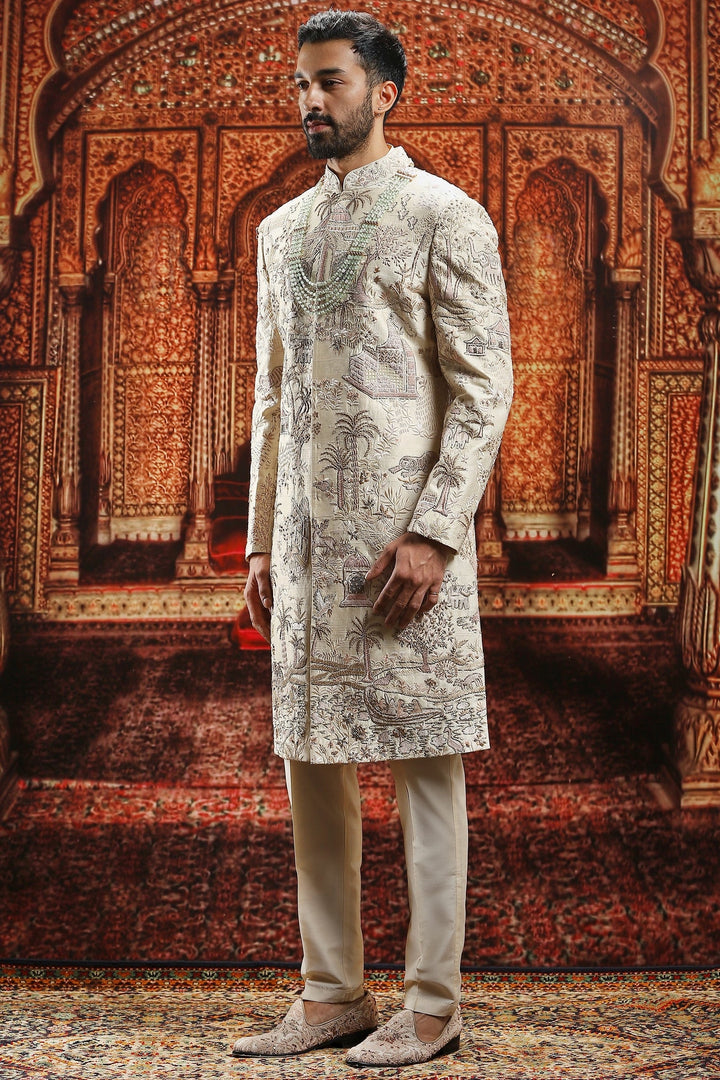 Cream Raw Silk Dabka Embroidered Sherwani Set