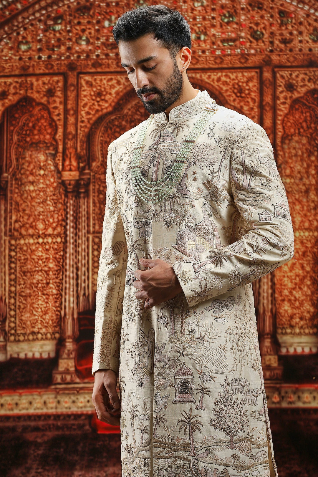Cream Raw Silk Dabka Embroidered Sherwani Set