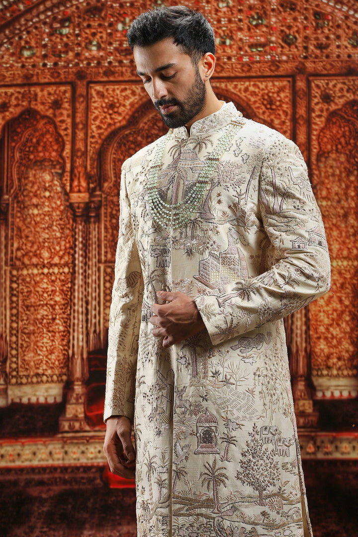Cream Raw Silk Dabka Embroidered Sherwani Set