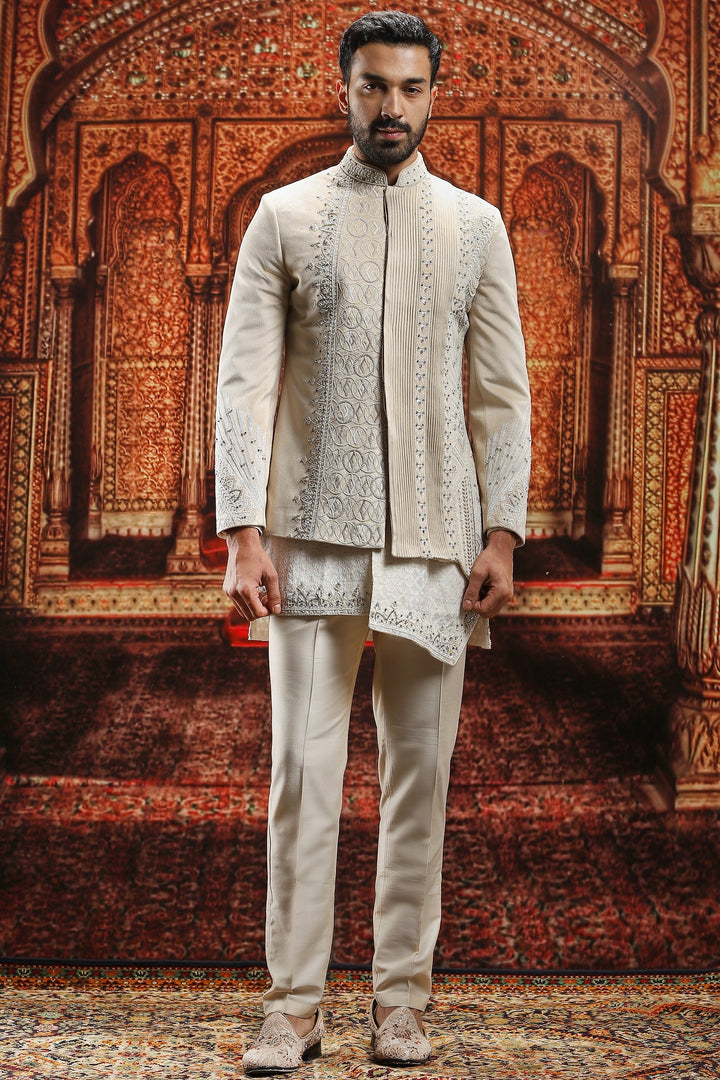Suede Asymmetric Embroidered Bandhgala Set