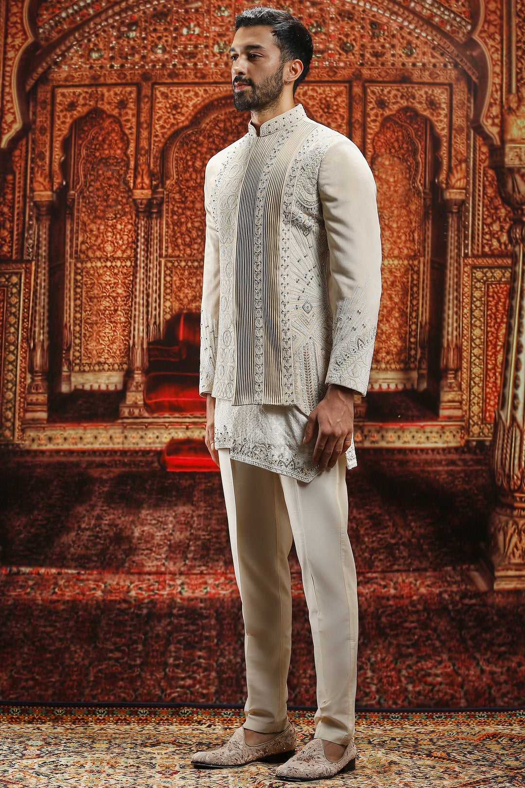 Suede Asymmetric Embroidered Bandhgala Set