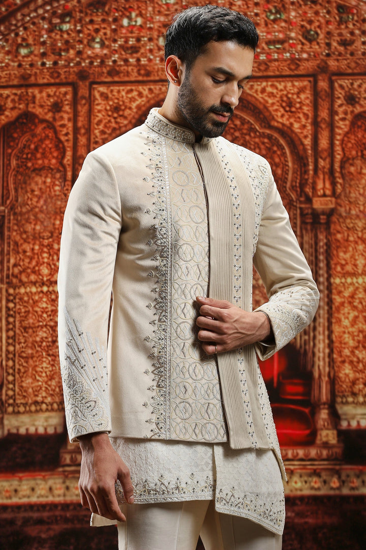 Suede Asymmetric Embroidered Bandhgala Set
