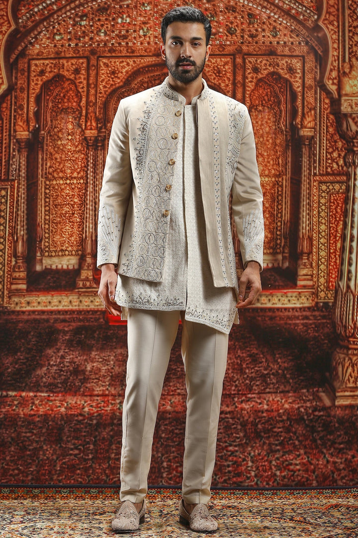 Suede Asymmetric Embroidered Bandhgala Set