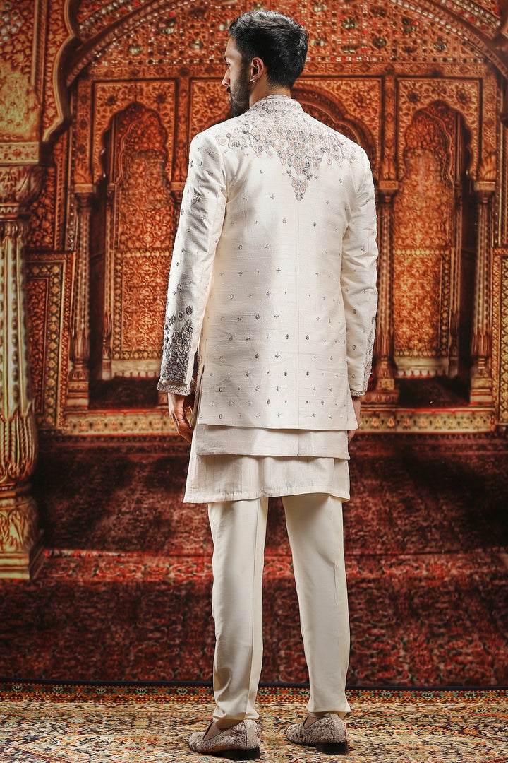 Almond Raw Silk Open Embroidered Indowestern