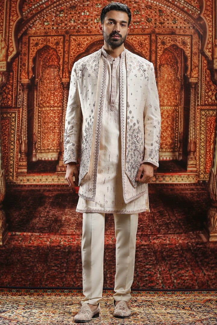 Almond Raw Silk Open Embroidered Indowestern