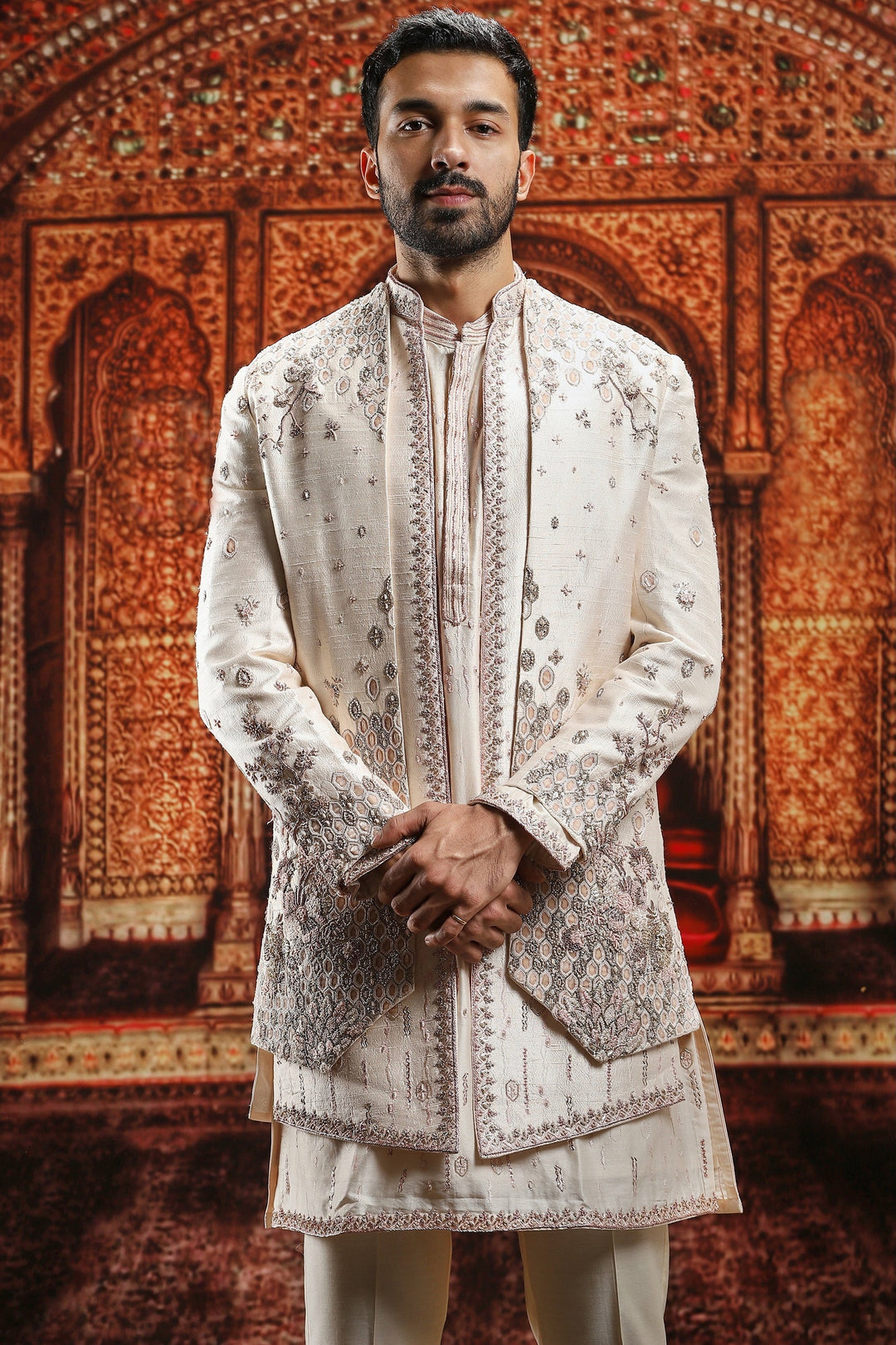 Almond Raw Silk Open Embroidered Indowestern