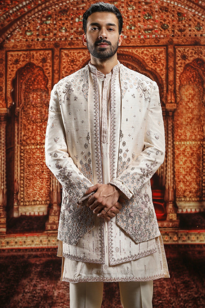 Almond Raw Silk Open Embroidered Indowestern