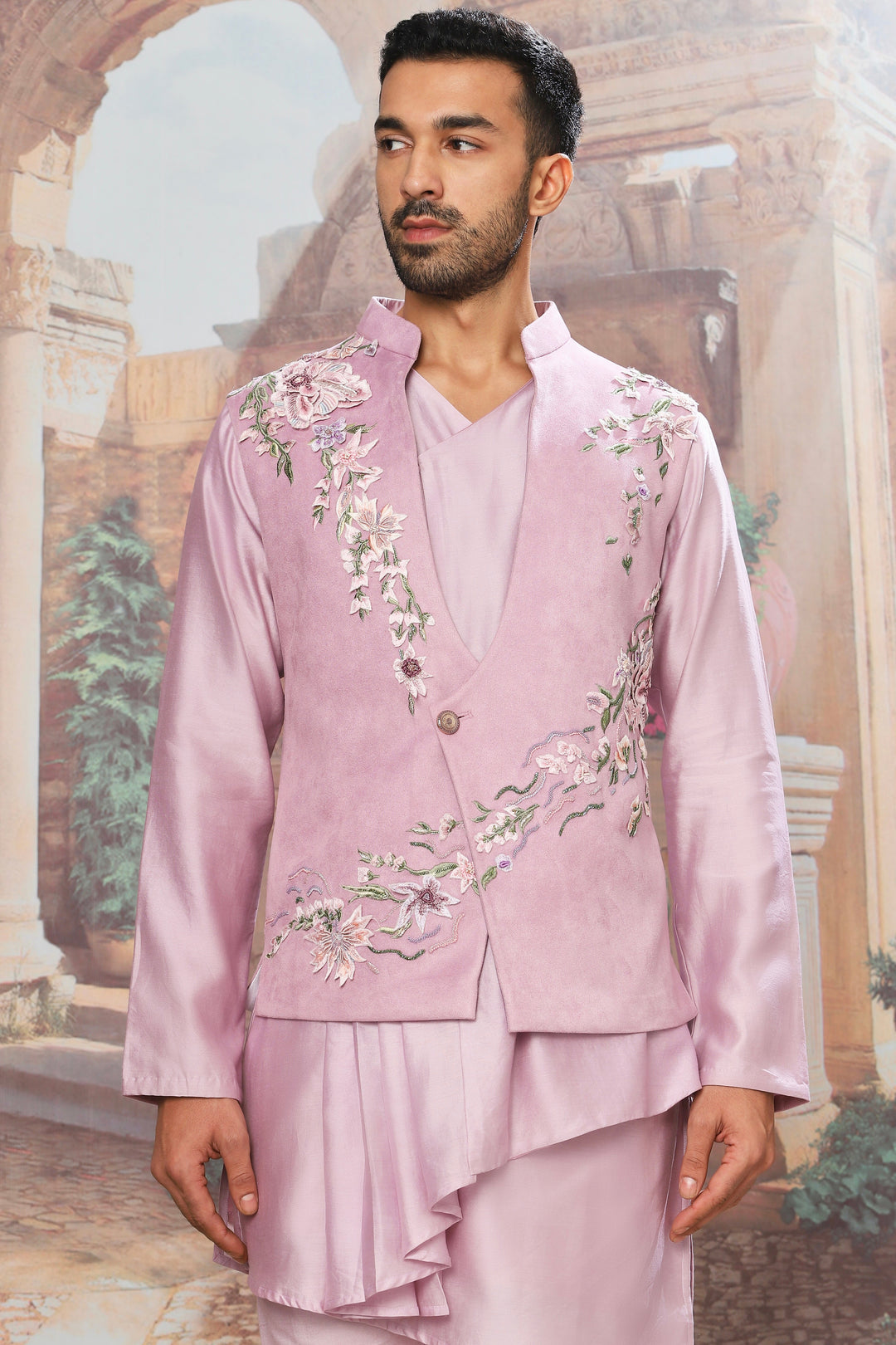 Lilac Wisteria Velvet Embroidered Kurta Bundi Set