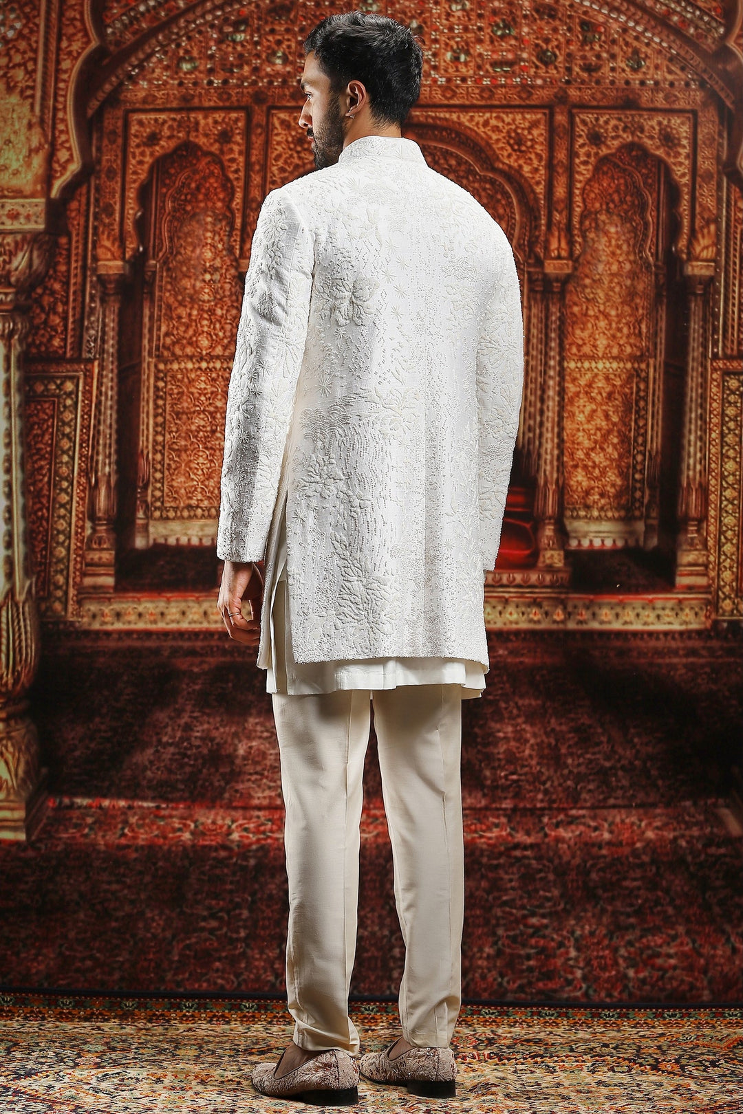 Ivory Raw Silk Silver Embroidered Sherwani Set
