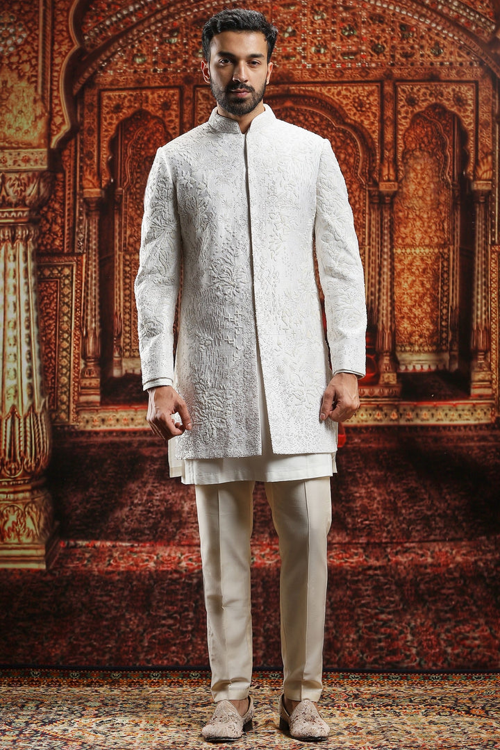 Ivory Raw Silk Silver Embroidered Sherwani Set