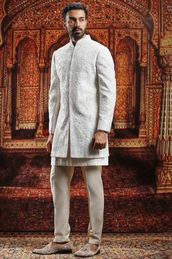 Ivory Raw Silk Silver Embroidered Sherwani Set