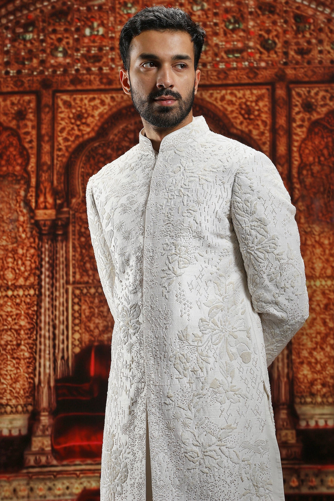 Ivory Raw Silk Silver Embroidered Sherwani Set