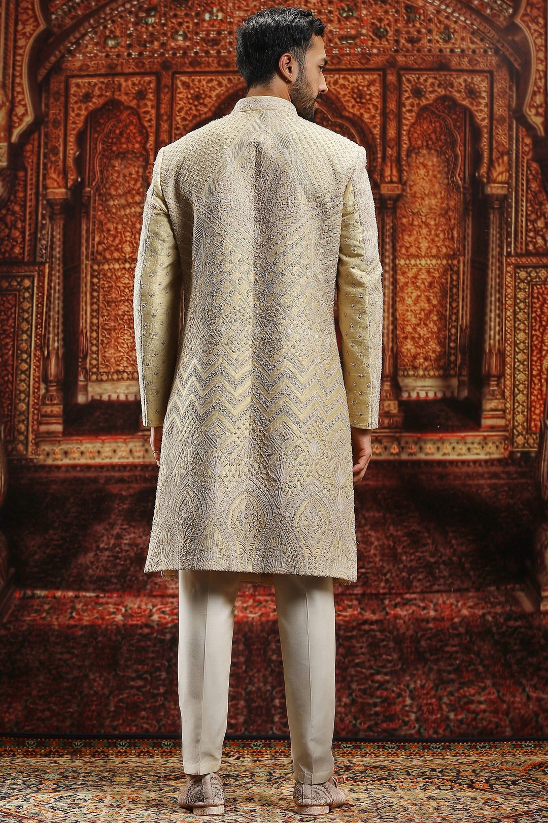Gold Raw Silk Moti Embroidered Sherwani Set