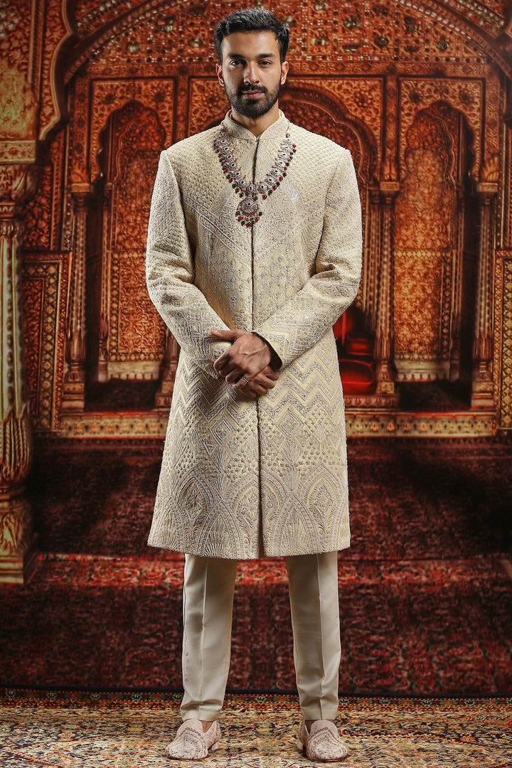 Gold Raw Silk Moti Embroidered Sherwani Set