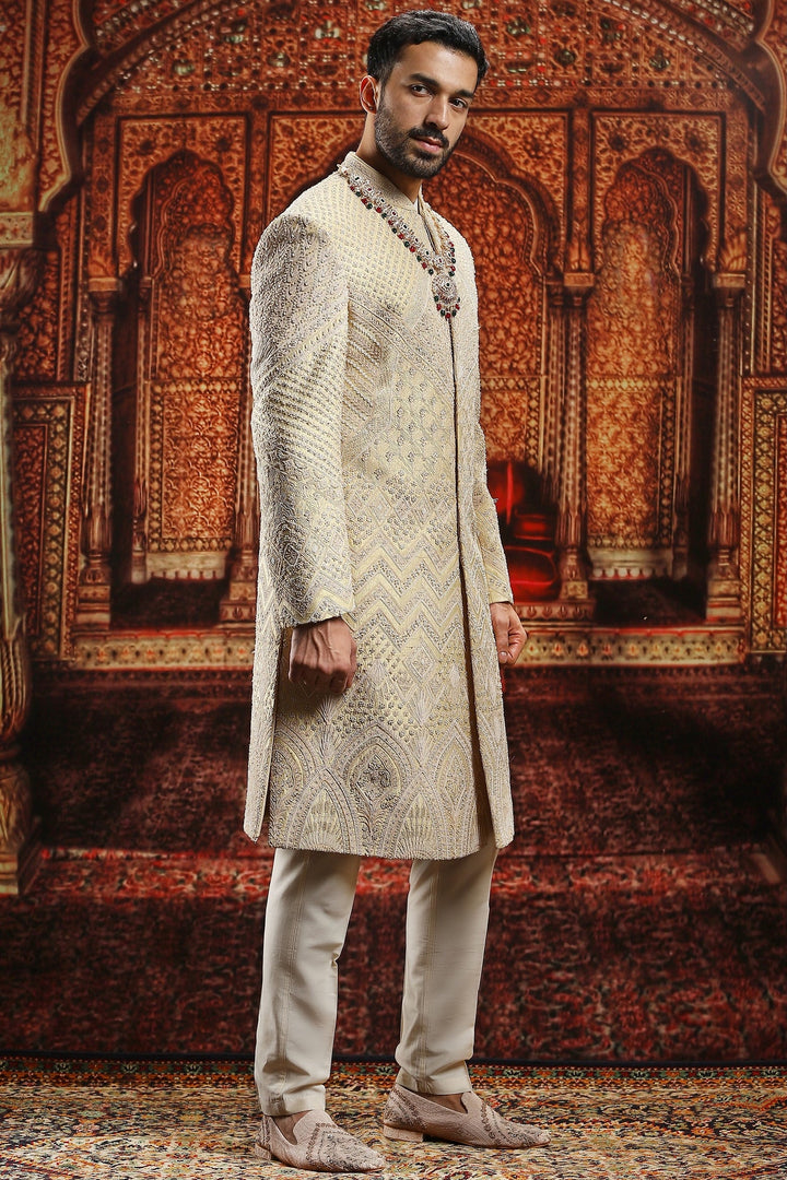 Gold Raw Silk Moti Embroidered Sherwani Set