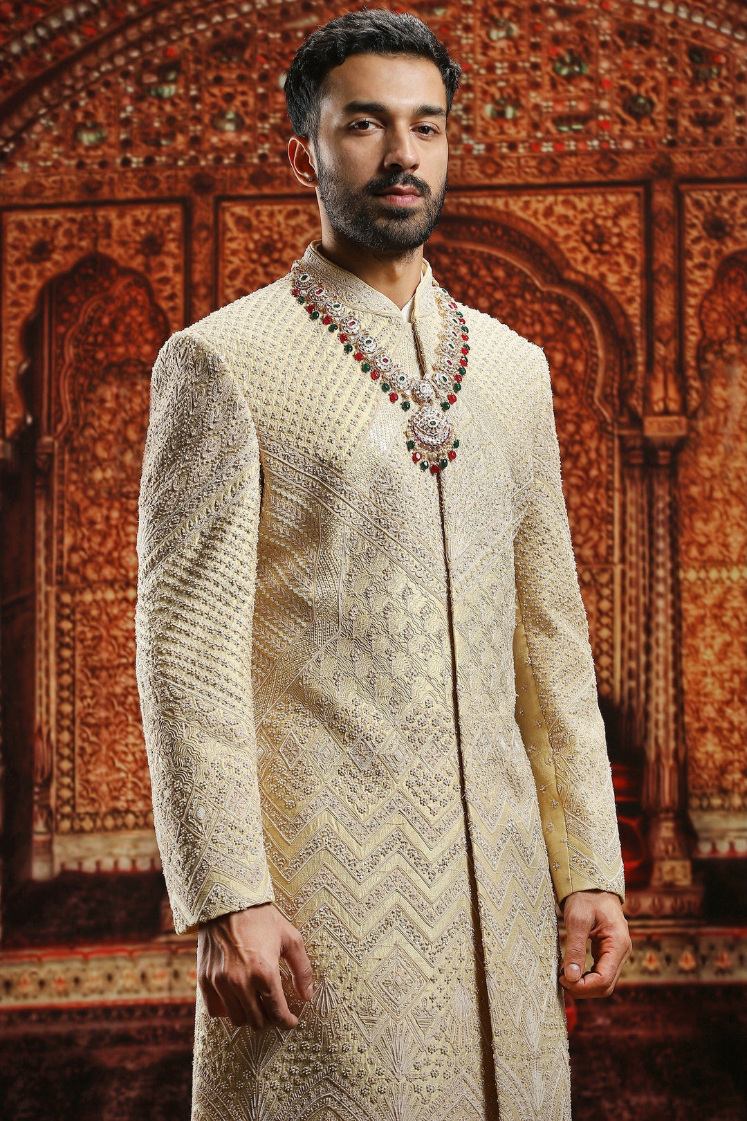 Gold Raw Silk Moti Embroidered Sherwani Set