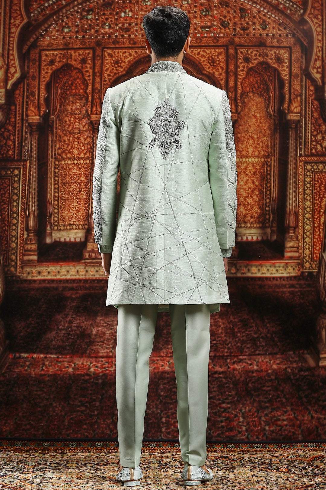 Mint Green Floral Zardozi Embroidered Sherwani Set