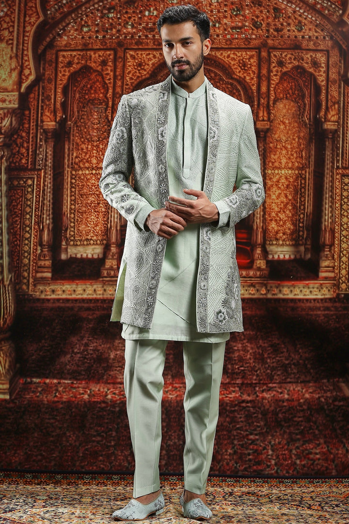 Mint Green Floral Zardozi Embroidered Sherwani Set